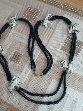 Vintage Wood Hand Carved Long African Style Zebra Necklace Black & White